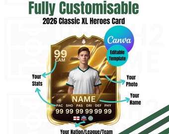 Blank Personalisable 2026 Football Team Player Classic XL Heroes  Card - Digital Download Template (editable via Canva )