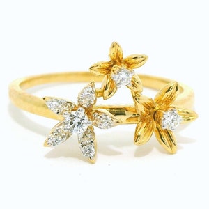 18K Yellow Gold Diamond Ring, Multi Flower Diamond Ring, Natural VS Diamond Ring, Solitaire Diamond Flower Ring, 18KT Solid Gold Ring