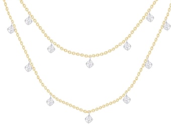14K Gold Layered Diamond Necklace, Double Droplet Diamond Necklace, Dainty Cable Chain, Natural Diamonds, Solid 14KT Gold, Charm Necklace
