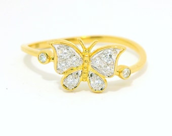18K Yellow Gold Diamond Ring, Natural Diamonds, Solid Gold Butterfly Diamond Ring, Handcrafted 18KT Diamond Ring, Women Fashion Ring