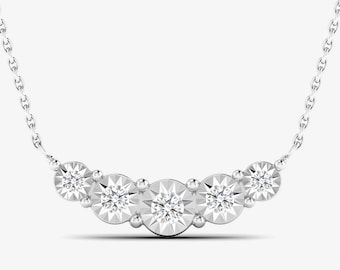 14K Five Round Diamond Curved Bar Necklace, 5 Diamond Miracle Plate Necklace, Diamond Necklace, Solid White Gold Diamond Necklace, Round Cut
