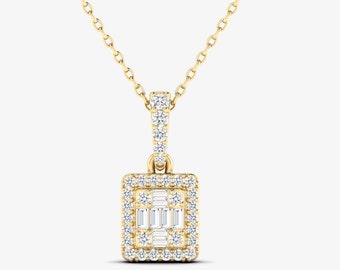 14K Diamond Pendant Necklace, Natural Diamond Gold Pendant Necklace, Rectangular Baguette Pendant, Diamond Bailing, 14KT Solid Gold Necklace