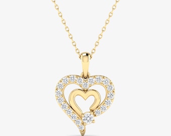 Double Heart Diamond Pendant, 18K Gold Pendant with Chain, Natural Round Cut White Diamonds, 18KT Solid Yellow Gold Pendant Love Necklace