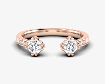 18K Pink Gold Diamond Ring, Natural Diamond Set, Open Orbit Diamond Ring, 18K Solid Rose Gold, Engagement Ring, Round White Diamond Ring