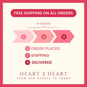 Puede incluir: Un gr&aacute;fico que ilustra el proceso de pedido, con tres etapas: Pedido realizado, Env&iacute;o y Entregado. El texto "ENV&Iacute;O GRATUITO EN TODOS LOS PEDIDOS" est&aacute; en la parte superior. El texto "HEART 2 HEART FROM OUR HEARTS TO YOURS" est&aacute; en la parte inferior.