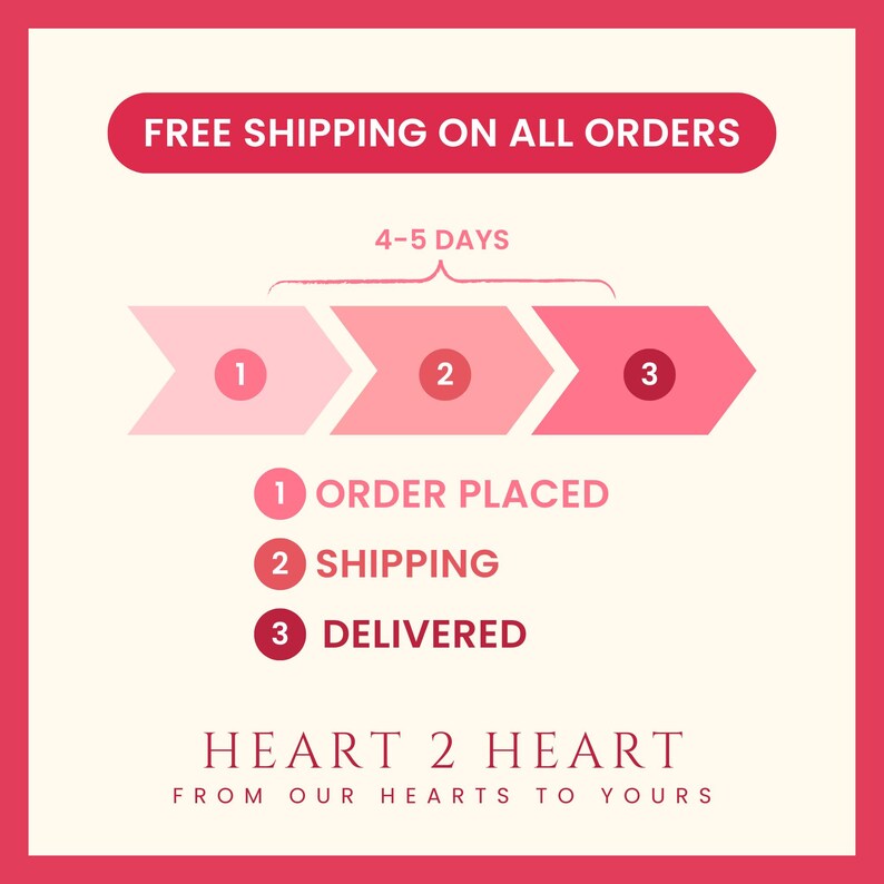 Puede incluir: Un gr&aacute;fico que ilustra el proceso de pedido, con tres etapas: Pedido realizado, Env&iacute;o y Entregado. El texto "ENV&Iacute;O GRATUITO EN TODOS LOS PEDIDOS" est&aacute; en la parte superior. El texto "HEART 2 HEART FROM OUR HEARTS TO YOURS" est&aacute; en la parte inferior.
