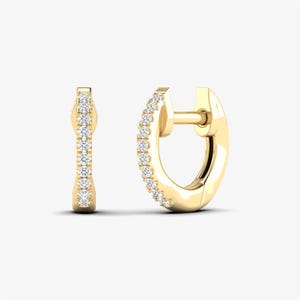 14K White and Yellow Gold Huggie Earring, Vintage Hoops in Round Diamond, Wedding Gift, Diamond Huggie Hoop, Tiny Diamond Hoop Earrings
