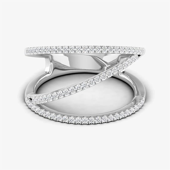Diamond Zig Zag Ring, Round Cut Diamond, Women Band Ring, Solid White Gold, Natural Diamond, 14K White Gold Diamond Ring, Crossover Band