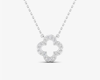 Collar de trébol de diamantes de oro blanco macizo de 14 quilates, diamantes naturales reales, dije de trébol de diamantes, cadena rolo, delicado collar con colgante de trébol
