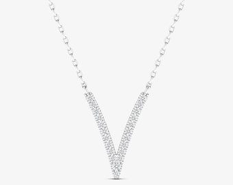 Collar de diamantes con V, collar de oro con colgante, collar de oro de 14 kt, collar de diamantes con inicial V de 14 kt