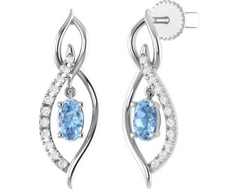 Aquamarine Diamond Earrings, 14K Gold Drop Natural Diamonds Earrings, Lab-made Aquamarine Earrings, Earrings For Women,  14K Gold Earrings