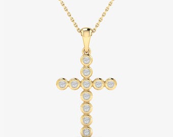 14K Cross Pendant Necklace, Natural Diamond Gold Pendant Necklace, Religious Necklace, 14KT Solid Gold Necklace, Bezel Diamond Cross Pendant