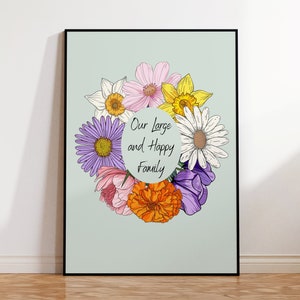 Puede incluir: Una impresi&oacute;n enmarcada con un fondo azul claro que presenta un c&iacute;rculo de flores coloridas y el texto "Nuestra gran y feliz familia".