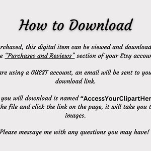 Puede incluir: Fondo blanco con texto negro que explica c&oacute;mo descargar un art&iacute;culo digital de Etsy. El texto incluye el nombre del archivo "AccessYourClipartHere.pdf" e instrucciones para cuentas de invitados.
