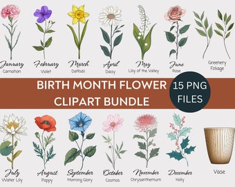 Geboortemaand bloemen clipart bundel, geboorte bloem PNG bundel, DIY geboorte maand bloemgift, digitale bloem geboorte maand boeket clipart, bloemen