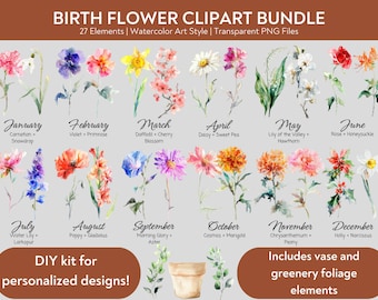 Geboortemaand bloemen clipart bundel, aquarel geboorte bloem PNG bundel, DIY geboorte maand bloemgift, digitale bloem geboorte maand boeket kunst
