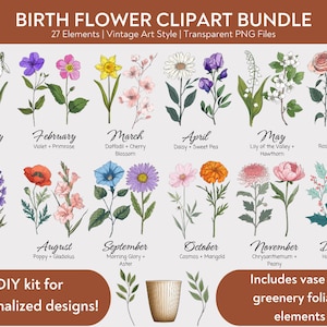 Paquete de imágenes prediseñadas de flores del mes de nacimiento, paquete PNG de flores de nacimiento, regalo de flores del mes de nacimiento de bricolaje, imágenes prediseñadas de ramo del mes de nacimiento de flores digitales, florales