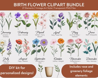 Geboortemaand bloemen clipart bundel, geboorte bloem PNG bundel, DIY geboorte maand bloemgift, digitale bloem geboorte maand boeket clipart, bloemen