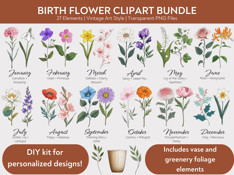 Puede incluir: Un paquete de clipart de flores de nacimiento de estilo vintage con 27 ilustraciones. Cada mes est&aacute; representado por una flor y su nombre. Las flores est&aacute;n dibujadas con un estilo detallado y realista con una est&eacute;tica vintage. El texto "&iexcl;Kit de bricolaje para dise&ntilde;os personalizados!" est&aacute; en la parte inferior de la imagen.