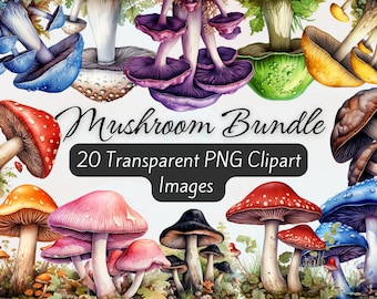 Watercolor Mushroom Clipart, Mushrooms PNG Clipart Bundle, Watercolor Forest Art, Magic Mushroom Gardening Clipart, Toadstool Clipart PNG