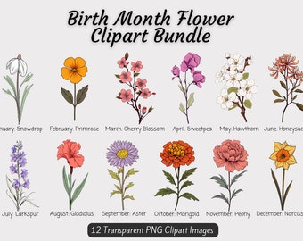 May include: A set of 12 floral clipart images, each representing a different month of the year. The flowers are illustrated in a vintage style with delicate details. The images are labeled with the month and flower name.