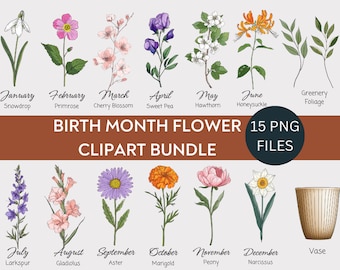 May include: A set of 15 digital illustrations of flowers representing each month of the year. The flowers are depicted in a vintage style with detailed linework and watercolor washes. The illustrations are perfect for creating invitations, cards, and other craft projects.
