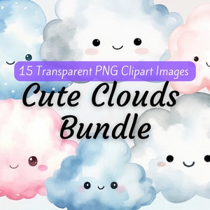 Watercolor Clouds Clipart Bundle, Cute Baby Shower Kawaii Cloud PNG, Pink and Blue Clouds Clipart, Instant Download Colorful Cloud Overlay