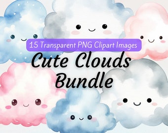 Paquete de imágenes prediseñadas de nubes de acuarela, lindo baby shower Kawaii Cloud PNG, imágenes prediseñadas de nubes rosas y azules, descarga instantánea de superposición de nubes coloridas