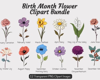 Paquete de imágenes prediseñadas de flores de nacimiento, flores del mes de nacimiento PNG, regalo de flores del mes de nacimiento de bricolaje, paquete de imágenes prediseñadas florales de nacimiento, flor mensual PNG botánico