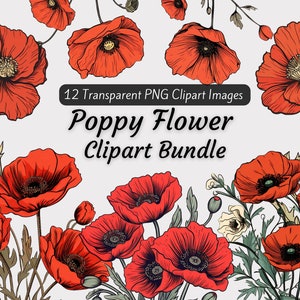 Bundle de cliparts coquelicots, 12 coquelicots fleur mensuelle PNG, fleur de naissance coquelicot Clipart, bouquet de clipart coquelicots, Clipart botanique floral bohème