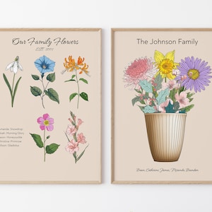 Puede incluir: Dos impresiones enmarcadas con ilustraciones florales. La impresi&oacute;n de la izquierda presenta cinco flores diferentes con nombres y nombres de miembros de la familia debajo. La impresi&oacute;n de la derecha presenta un ramo de flores en un jarr&oacute;n a rayas con el texto "The Johnson Family" y los nombres de los miembros de la familia debajo.