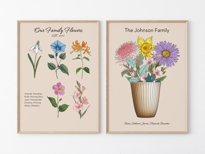 Puede incluir: Dos impresiones enmarcadas con ilustraciones florales. La impresi&oacute;n de la izquierda presenta cinco flores diferentes con nombres y nombres de miembros de la familia debajo. La impresi&oacute;n de la derecha presenta un ramo de flores en un jarr&oacute;n a rayas con el texto "The Johnson Family" y los nombres de los miembros de la familia debajo.