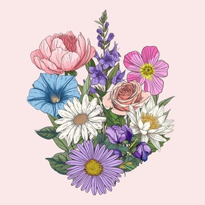 Puede incluir: Un ramo de flores coloridas, que incluyen peon&iacute;as rosas, campanillas azules, margaritas blancas, una rosa rosa y flores silvestres moradas.