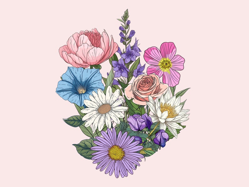 Puede incluir: Un ramo de flores coloridas, que incluyen peon&iacute;as rosas, campanillas azules, margaritas blancas, una rosa rosa y flores silvestres moradas.