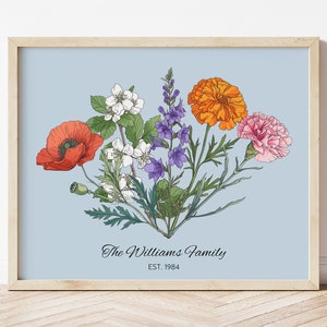 Puede incluir: Un fondo azul claro con un arreglo floral de amapolas rojas, cal&eacute;ndulas naranjas, flores de manzano blancas, flores moradas y claveles rosas. El texto "The Williams Family EST. 1984" est&aacute; en la parte inferior de la imagen.
