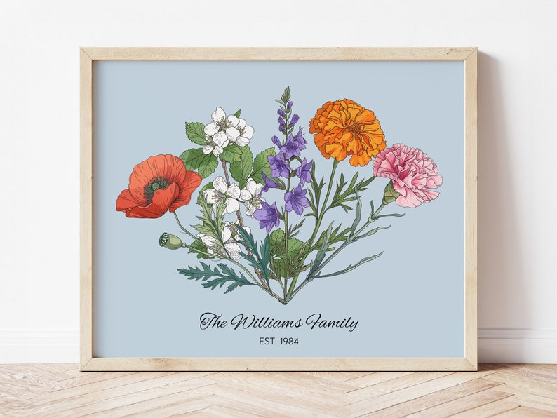 Puede incluir: Un fondo azul claro con un arreglo floral de amapolas rojas, cal&eacute;ndulas naranjas, flores de manzano blancas, flores moradas y claveles rosas. El texto "The Williams Family EST. 1984" est&aacute; en la parte inferior de la imagen.