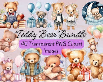 Zestaw akwarelowych misiów w formacie PNG, clipart misiów, osobisty prezent na baby shower, clipart balonów misiów do pobrania, słodki miś