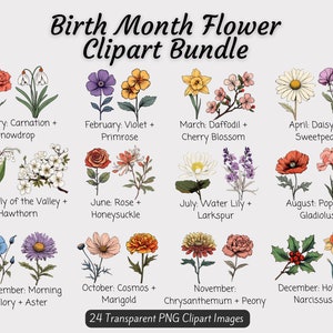 Paquete de imágenes prediseñadas de flores del mes de nacimiento, paquete PNG de flores de nacimiento, regalo de flores del mes de nacimiento de bricolaje, imágenes prediseñadas de ramo del mes de nacimiento de flores digitales, florales