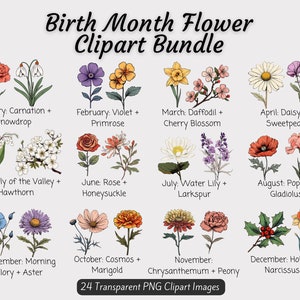 Birth Month Flowers Clipart Bundle, Birth Flower PNG Bundle, DIY Birth Month Flower Gift, Digital Flower Birth Month Bouquet Clipart, Floral