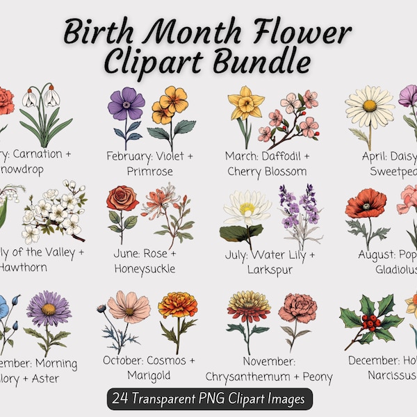 Birth Month Flowers Clipart Bundle, Birth Flower PNG Bundle, DIY Birth Month Flower Gift, Digital Flower Birth Month Bouquet Clipart, Floral