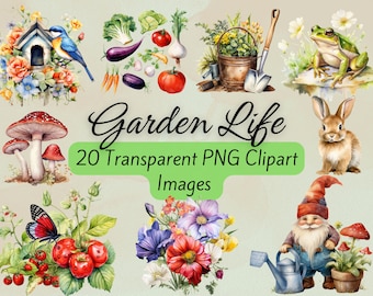 Paquete de imágenes prediseñadas de jardín de acuarela, imágenes prediseñadas de flores silvestres, imágenes prediseñadas de jardinería, PNG de jardinería de granja rústica, PNG de gnomos y setas, PNG de hierbas