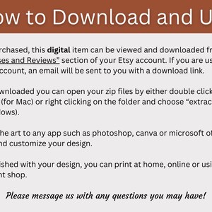Puede incluir: Una imagen de texto con instrucciones sobre c&oacute;mo descargar y usar un art&iacute;culo digital comprado en Etsy. La imagen incluye el texto "How to Download and Use", "Purchases and Reviews", "GUEST account", "extract all", "for windows", "photoshop", "canva", "microsoft office", "local print shop" y "Please message us with any questions you may have!"
