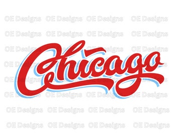 Könnte beinhalten: Rotes Wortmarke "Chicago" mit hellblauem Schatteneffekt. Das Design befindet sich auf weißem Hintergrund, mit den Wörtern "OE Designs" wiederholt an den Rändern.