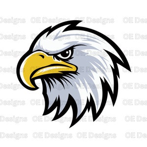May include: A close-up of a cartoon bald eagle's head with a yellow beak and white feathers. The eagle's eye is black and the background is white.