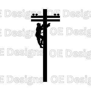 May include: Silhouette of a worker climbing a utility pole with electrical wires and insulators. The worker is wearing a hard hat and is holding a tool.