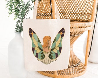 Angel Wings Canvas Tote Bag, Vintage Design Women Shoulder Bag, Plant Floral Tote Bag,  Aesthetic Cute Shopping Bag,Eco Friendly Grocery Bag
