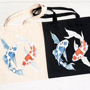 Koi Fish Japanese Tote Bag, Find Balance Tote Bag, Fish Ying and Yang Tote Bag, Traditional Art Koi Bag, Art Tote, Aesthetic Grocery Tote,