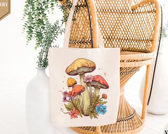 Mushroom Plant Floral Tote Bag, Vintage Women Shoulder Bag, Mushrooms Canvas Tote Bag, Eco Friendly Grocery Bag, Aesthetic Cute Shopping Bag