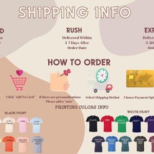The image is a shipping information graphic that provides details on how to order and ship items. It includes icons for standard, rush, and express shipping, as well as instructions for selecting the shipping method and payment option. The image also displays a variety of t-shirt colors and styles, suggesting that the shipping information is related to the sale of these shirts.
