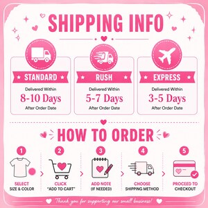 The image is a pink and white shipping information graphic that provides details on how to order a product, including the shipping method, size and color, and the checkout process.